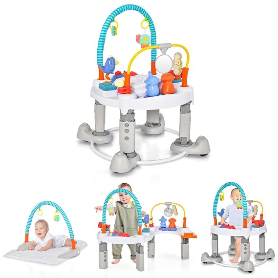 INFANS Baby Bouncer Activity Center, 5 in 1 Toddler Bouncing Activity Saucer Playtime Mat Activity Table with 360Rotating Seat, 3 Adjustable Height, Foldable Exersaucer Learning Walker (Light Grey)