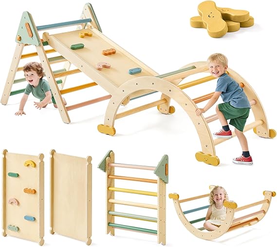 Tiny Land Pikler Triangle Set,7-in-1 Foldable Montessori Climbing Toys
