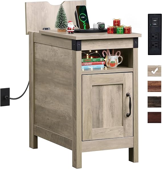 WLIVE End Table with Charging Station, Narrow Side Table for Living Room, Farmhouse Night Stand with Storage, Small Wooden Nightstand with USB Ports and Outlets for Living Room and Bedroom, Greige