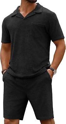 URRU Mens Polo Shirt and Shorts Set Summer Outfits Beach Terry Casual Short Sleeve 2 Piece Short Set for Men