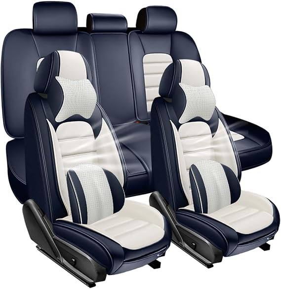 5-Seats Car Seat Covers for Genesis G80 2017-2024 Leather Auto Vehicle Seat Covers Excellent Quality Car Seat Cover,Waterproof Wear-Resistant Seat Cover Airbag Compatible(White&Blue-Luxury)
