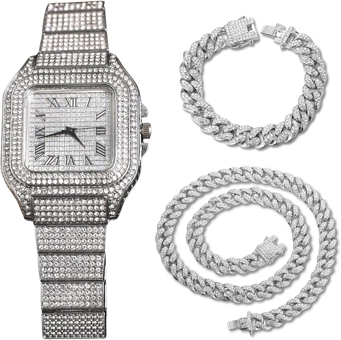 Diamond Watch for Men - 40mm Roman Numerals Square Dial - 18K Real Gold/Platinum/Rhodium Black/Rose Gold Plated 8.7" Strap - Japanese Quartz - Can Paired with Cuban Chain