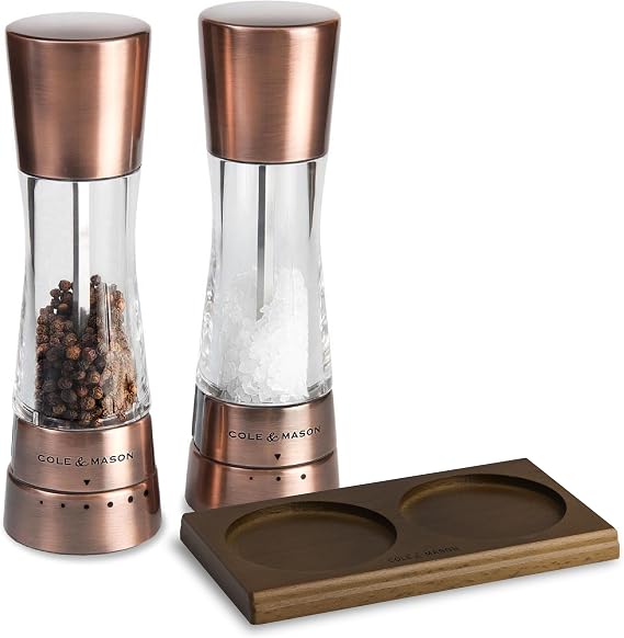 Cole & Mason Derwent Salt & Pepper Mill Gift Set - Refillable Seasoning and Spice Tools - Adjustable Grinder Settings - Copper With Salt and Pepper Tray