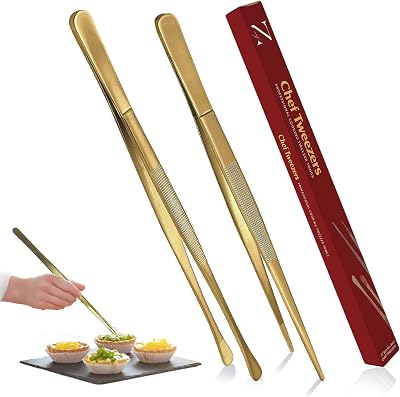 Namre Tweezer Tongs for Cooking -Plating - 2 Pack Stainless Steel Cooking Tongs - Thin Chopstick Precise & Strong Chef Tweezers for Food & Small Objects - 12 Inch - Gold