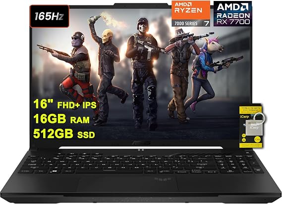 ASUS TUF Gaming A16 Laptop 16" FHD+ 165Hz 7ms 100% sRGB AMD Octa-core Ryzen 7 7735HS 16GB RAM 512GB SSD Radeon RX 7700S 8GB (>RTX4060) Backlit Type-C USB4 Fast Charging Win11 ICP Accessory