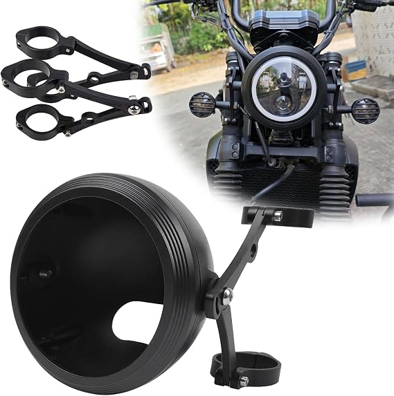 5.75inch CNC Motorcycle Headlight Aluminum Alloy Housing Bucket with CNC Side Mounting Bracket 36-41MM Fork Tube Holder Clamps for Motorcycle