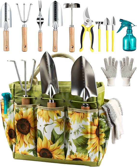 MOSFiATA Garden Tool Set 12-Piece Heavy Duty Stainless Steel Gardening Kit with Non-Slip Wooden Handles and Waterproof Transport Bag