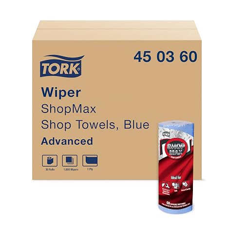 Tork ShopMax Heavy Duty Paper Shop Towel, 30 rolls x 60 sheets, 450360 | High Absorbency, Blue
