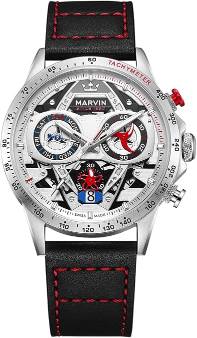 marvin Chronograph Watches for Men Swiss Mens Watch Luxury Men's Wrist Watches with Leather Strap and Weekday,Hour,Date Dial,Quartz Movement,Stainless Steel Case, Luminous,50M Waterproof