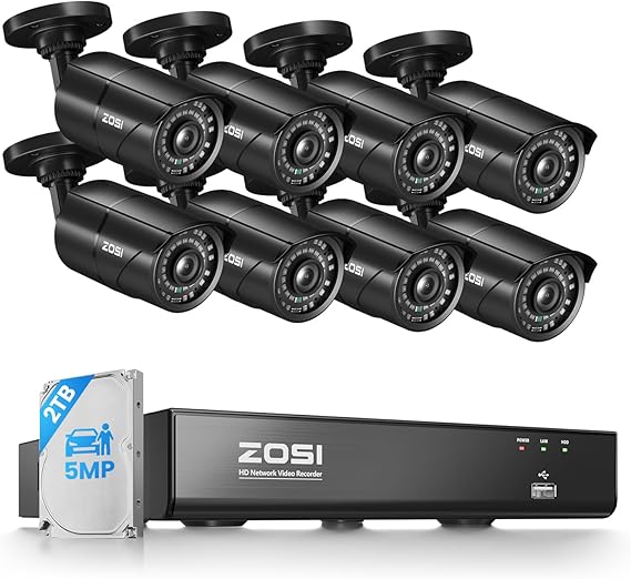 ZOSI 8 Channel 4K NVR with 8 x 5MP PoE Security Camera System, 2TB HDD