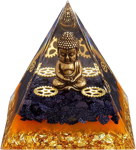 FENGSHUI-CAISHEN Little Buddha Statue in Healing Crystal Organite Pyramid - Blue Sandstone With Baby Buddha Figurine, Reiki Chakra Meditation Decor