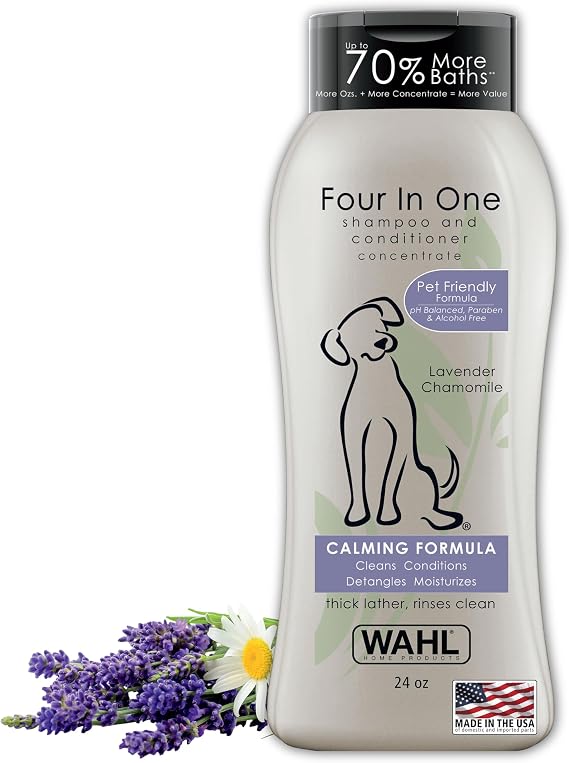 Wahl USA 4-in-1 Calming Dog Shampoo with Lavender Chamomile Scent Cleans, Conditions, Detangles, Moisturizes - Pet Friendly Formula - 24 Oz - Model 820000A