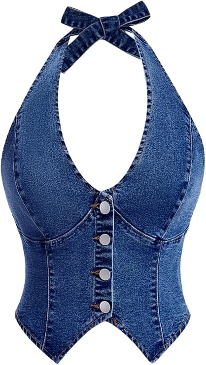 Milumia Women's Denim Halter Top Tie Backless Button Front Slim Fit Vests