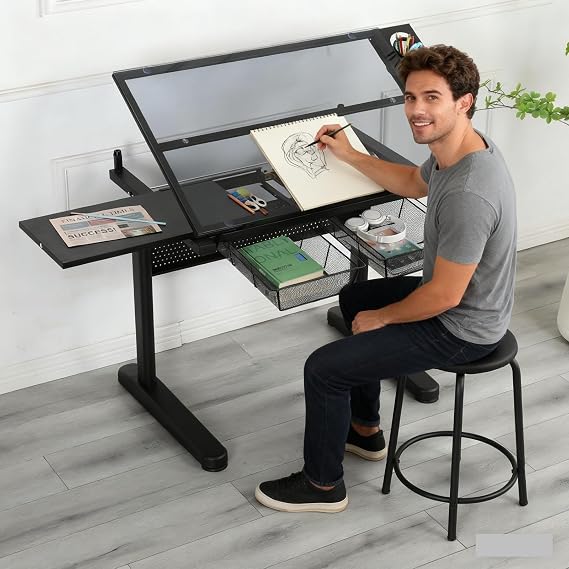 Drafting Desk with Stool, Upgraded Hand Crank Adjustable Height Art Table with Storage, 0-75 Tilting Glass Tabletop Drawing Table for Artists, Ergonomic Design for Painting, Sketching, Black