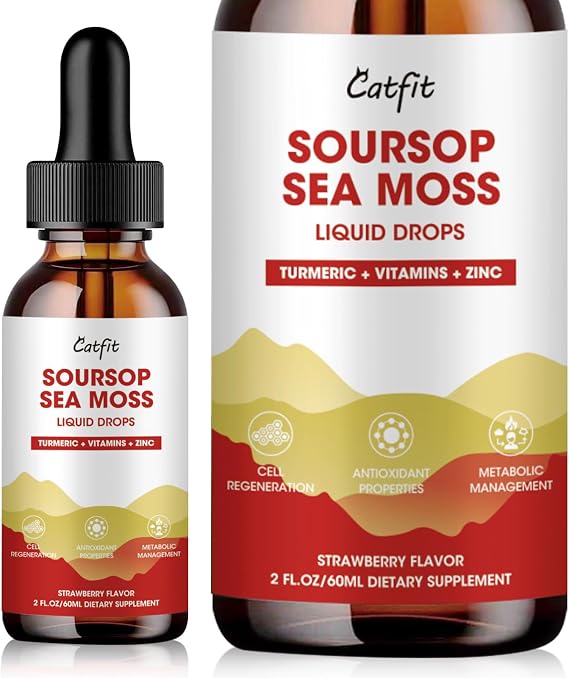 Catfit Soursop Graviola Liquid Drop Soursop Bitters Liquid Drops with Sea Moss, Turmeric & Zinc, for Cell Support, Antioxidant, Relaxation & Immune Boost, Strawberry Flavor, 2 Fl Oz