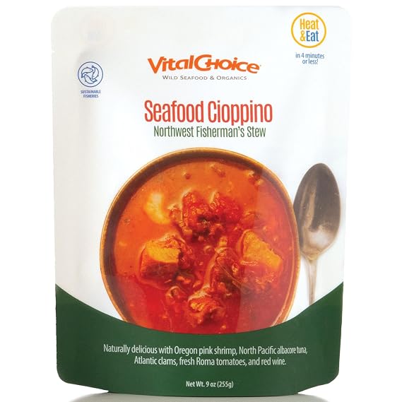 Vital Choice Savory Seafood Cioppino, Heat-And-Eat Food Pouches, Wild Caught Seafood, Sustainably Caught Shrimp, Albacore Tuna, Atlantic Clam, Roma Tomatoes, 9-Oz Pouches, 3 Pack