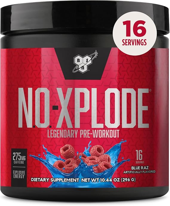 BSN N.O.-Xplode Pre Workout Powder, Blue Raz, 16 Servings, 0.65 lb