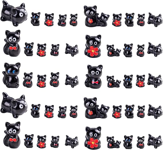 36 pcs Mini Resin Black Cats Variety Tiny Animals Figures Miniature Little Small Cat Figurines Bulk for Micro Fairy Garden Landscape Accessories Hide Crafts Decor Aquarium