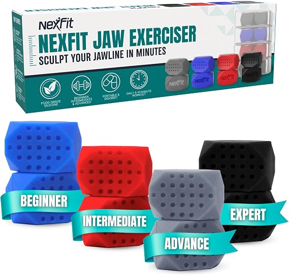 Jaw Exerciser for Men & Women – 4-Level Resistance Face & Neck Toning Device – Food-Grade Silicone Double Chin Reducer – 8 Piece Kit with Carry Cases – Compact, Safe Design for Sculpted Jawline
