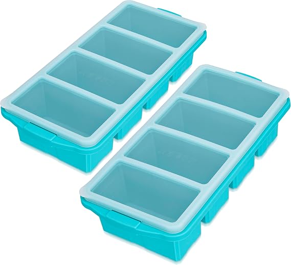 Silicone Freezing Tray with Lid, Large Ice Cube Tray Non-stick Soup Freezer Container with 4 Compartments for Storing and Freezing Soups, Broths, Sauces and Liquid Diets, Oven and Dishwasher Safe...