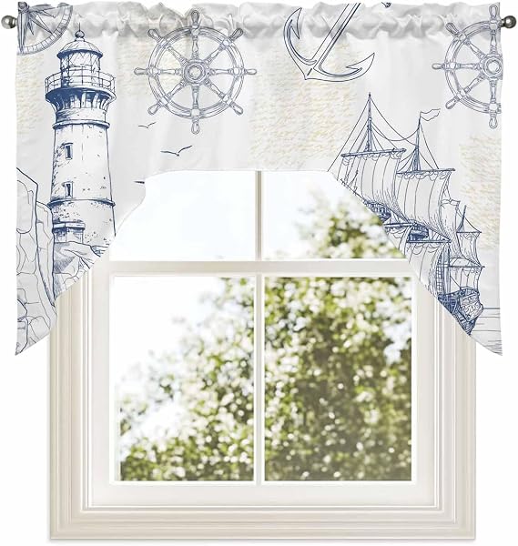 Retro Light-House Swag Valance Kitchen Curtains, Rod Pocket Valance Curtain Panels for Bedroom Living Room Bathroom Cafe Windows, Blue Ocean Coastal Nautical Anchor 56''x36''