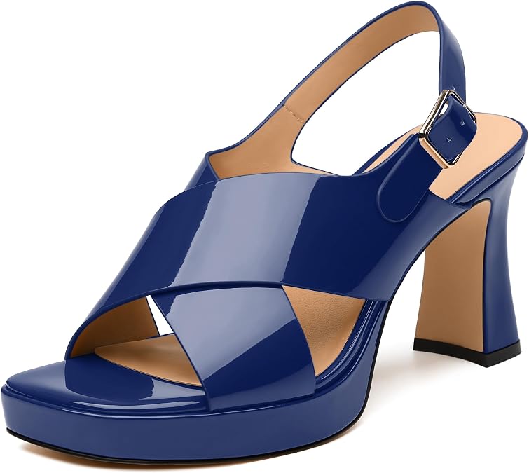 SKYSTERRY Women's Platform High Heels Chunky Block Heeled Sandals Slingback Square Open Toe Crossover Ankle Strap Heels Comfortable Wedding Party Prom Dress Shoes 3 Inch