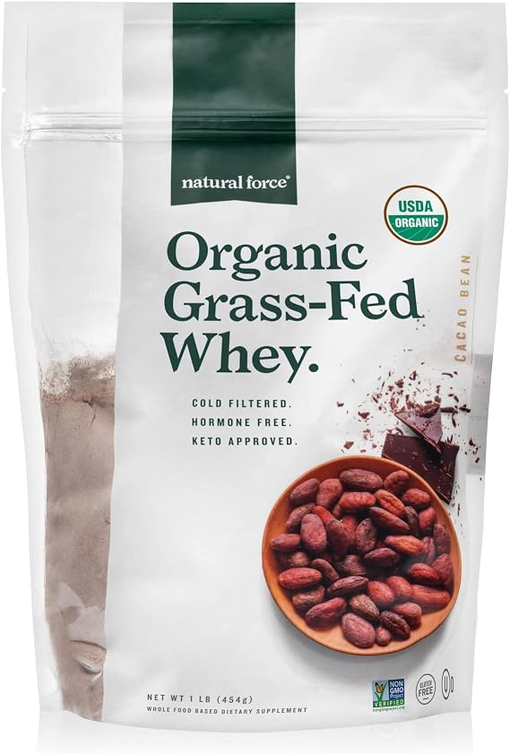 Natural Force Whey Protein Powder Chocolate Grass Fed Organic, Pure, Keto & Paleo Friendly, Low Carb, Kosher, Non GMO 1 Pound