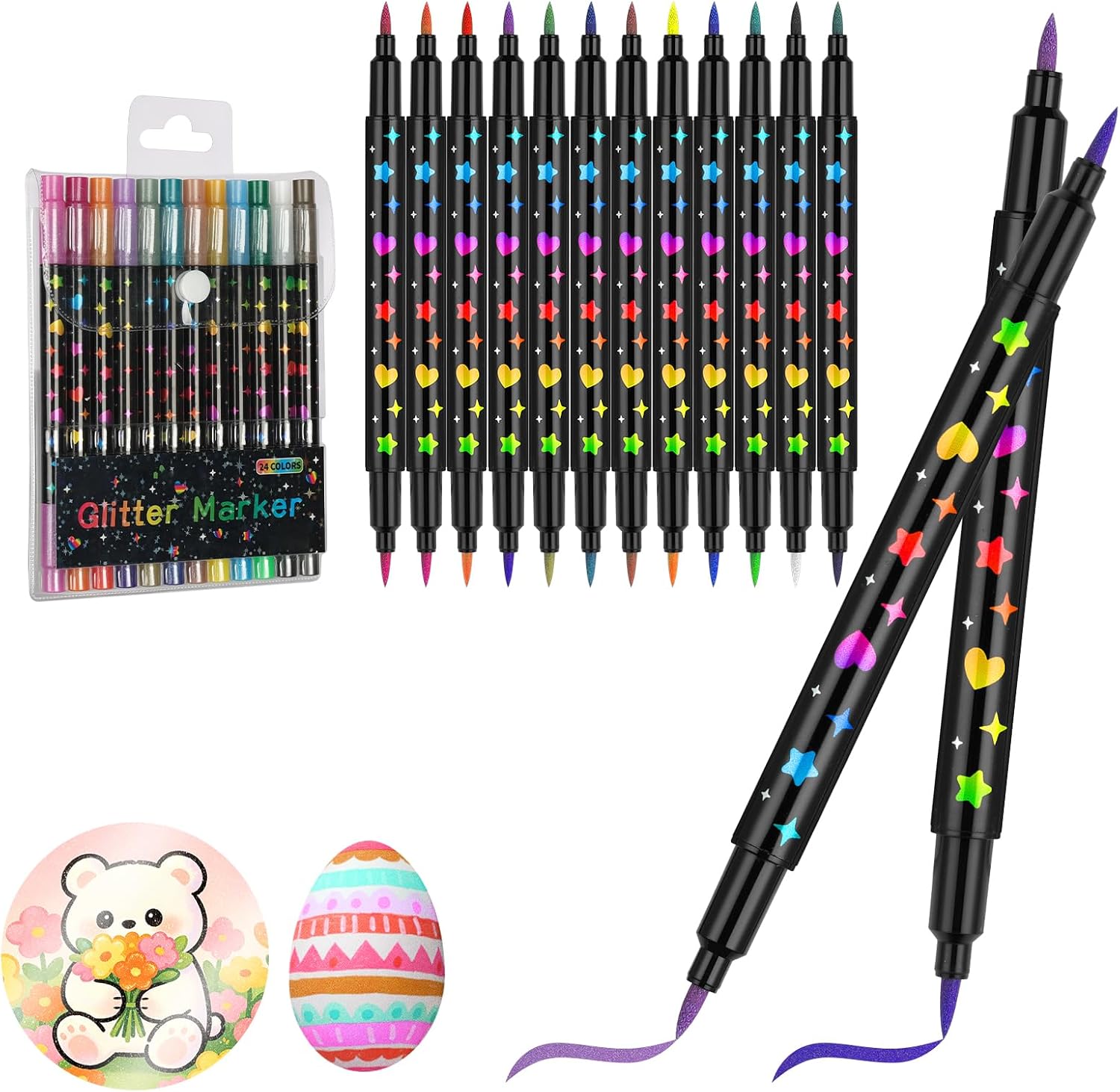 Metallic Acrylic Paint Pens, 12 Pack 24 Colors Dual Tip Glitter Paint Pens Set, Metallic Sparkle Markers for Ceramic, Canvas, Rock, Glass, Wood, DIY Craft Making, Art Supplies, Coloring
