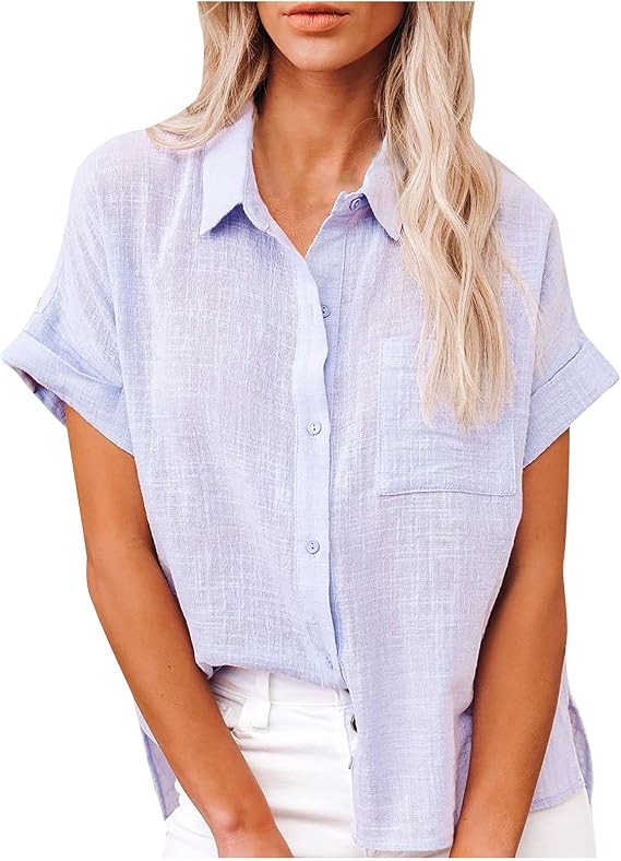 Ceboyel Women Cotton Linen Summer Shirts Collared Button Down Blouses Gauze Short Sleeve Tops Causal Ladies Outfits 2023