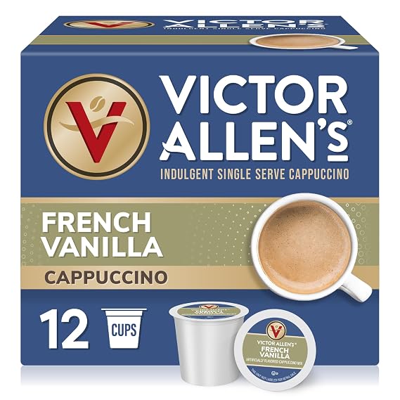 Victor Allen's French Vanilla Cappuccino, 12 Count, Cappuccino Mix Pods | Single serve cappuccino mix, Compatible with Keurig brewers, Flavored coffee pods,1 box of 12 pods