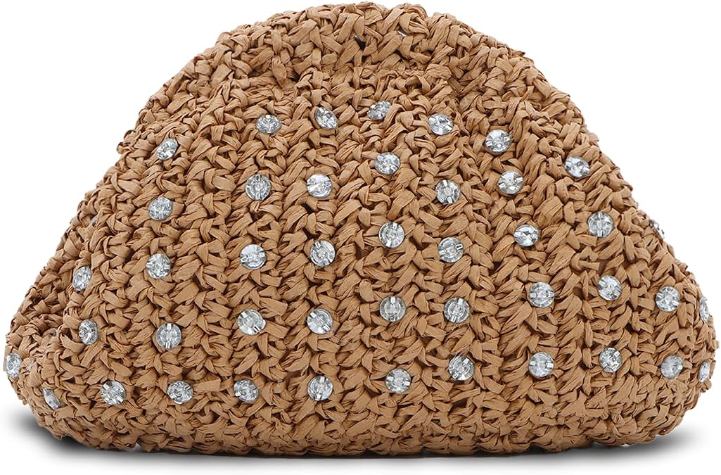 GOKTOW Straw Rhinestone Dumpling Clutch Purse,Summer Raffia Rattan Vacation Beach Bag for Women 2025