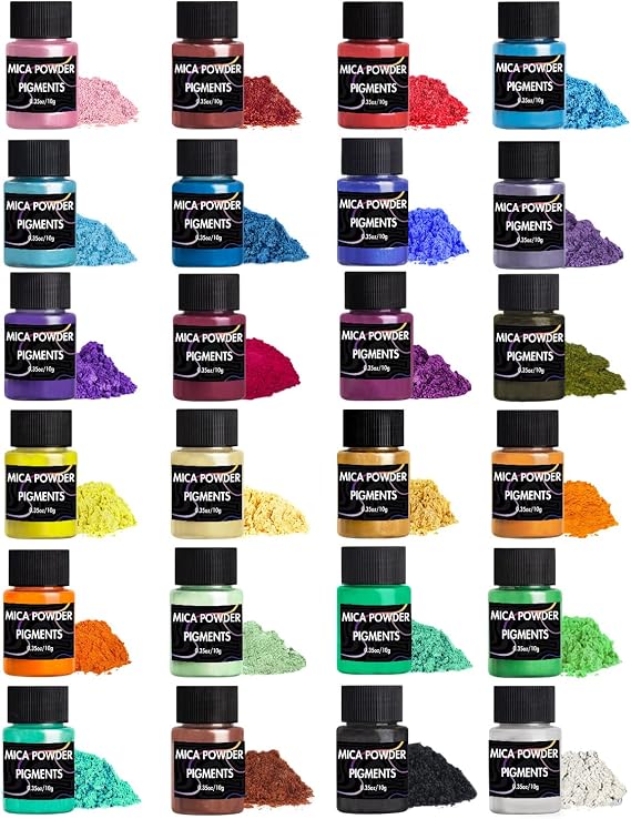 Mica Powder, 24 Colors Pearlescent Pigment Powder for Epoxy Resin, 240g Pearl Pigment Set for Soap Making, Bath Bomb, Candle Making, Art Crafts, Lip Gloss, Nail Polish, Dye