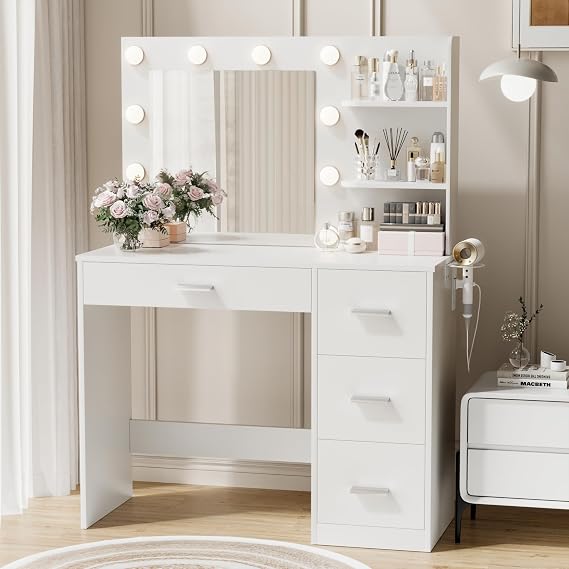 YESHOMY Vanity Desk with Mirror, 10 Lights, Power Outlet and 3 Storage Shelves, Makeup Table with 4 Drawers, 3 Color Modes, for Bedroom, White