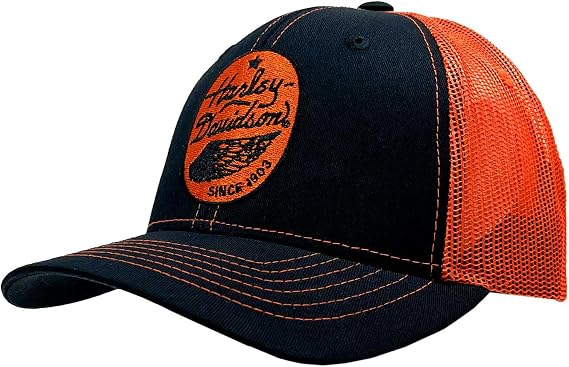 Harley-Davidson Men's Badge Snapback Mesh Colorblocked Trucker Hat, Black/Orange