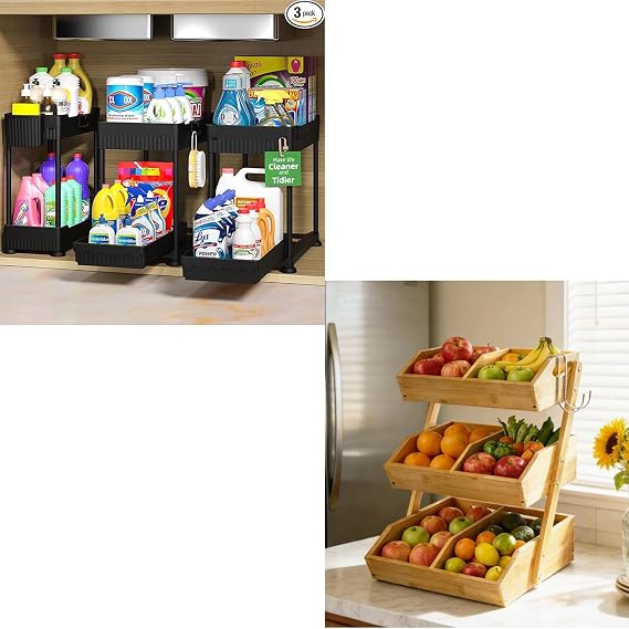 Sevenblue 3 Tier Wooden Fruit Basket with 2 Mobile Banana Holders, Height Adjustable 2 Packs Under Sink Organizer