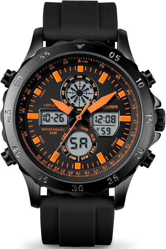 PINDOWS Men's Watch, Digital Analogue Military Style, Multifunction Sport | Dual time, LED backlight, alarm, stopwatch and day-date display for work, outdoor activities and everyday wear