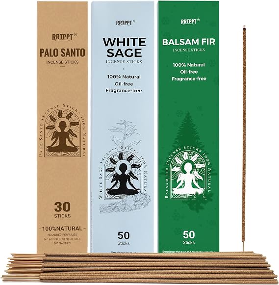 Palo Santo Incense (30 Sticks), White Sage Incense (50 Sticks) and Balsam fir Incense (50 Sticks), 100% natural sustainably harvested, suitable for yoga, meditation, relaxation, spiritual purification