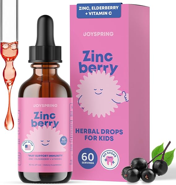 JoySpring ZincBerry Kids Zinc Drops, Elderberry, 2 fl oz, 60 Ct
