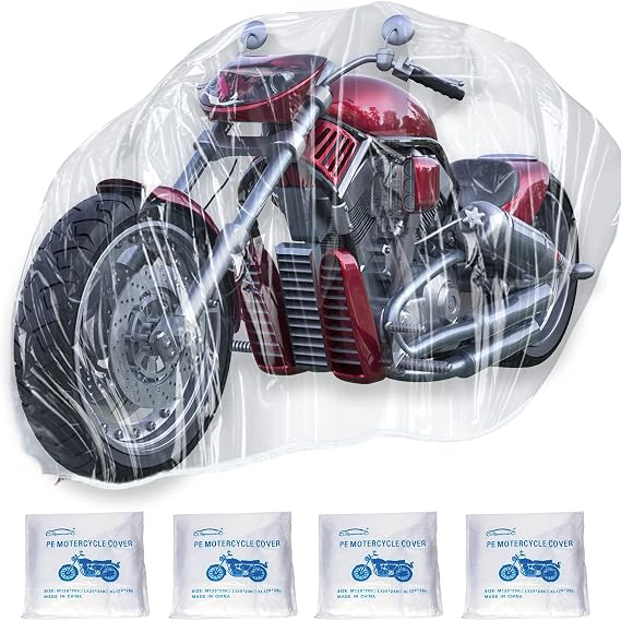 4 Pcs Motorcycle Cover,Disposable Clear Plastic Moped Cover Medium (XXL ) Waterproof Protection Dust Outdoor Rain Cover for Harley,Davidson,Yamaha,Suzuki,Honda, Kawasaki, (Indoor Universal)