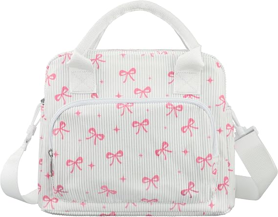 peony man Pink Bow Lunch Bag for Women Large Pink Bow Lunch Box Reusable Insulated Bows Lunches Tote Bag with Adjustable Shoulder Straps for Women Adult Work Office Travel Picnic Food Container