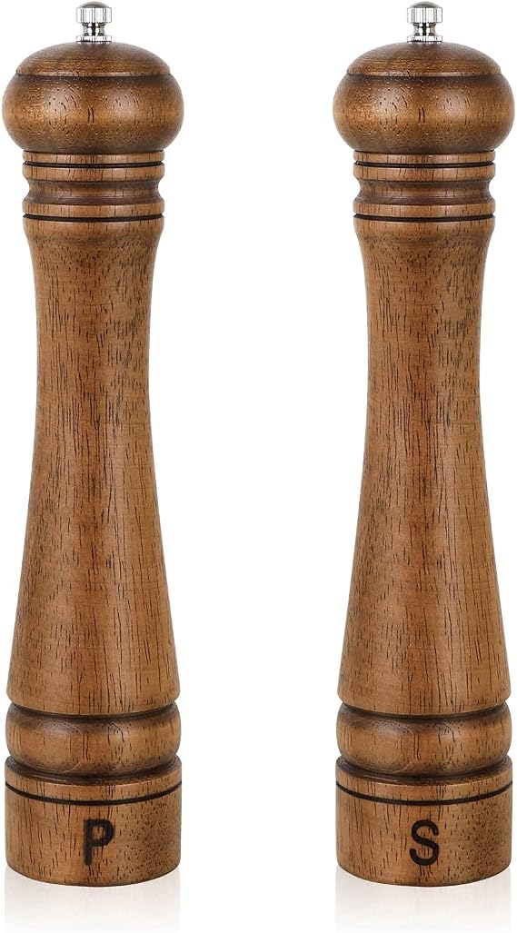 Salt and Pepper Grinders Set, Haomacro 10Inch Updated Manual Wooden Pepper Shaker Set,Oak Wood Salt Mill Pepper Grinder Set Refillable with Adjustable Ceramic Rotor 2Pack