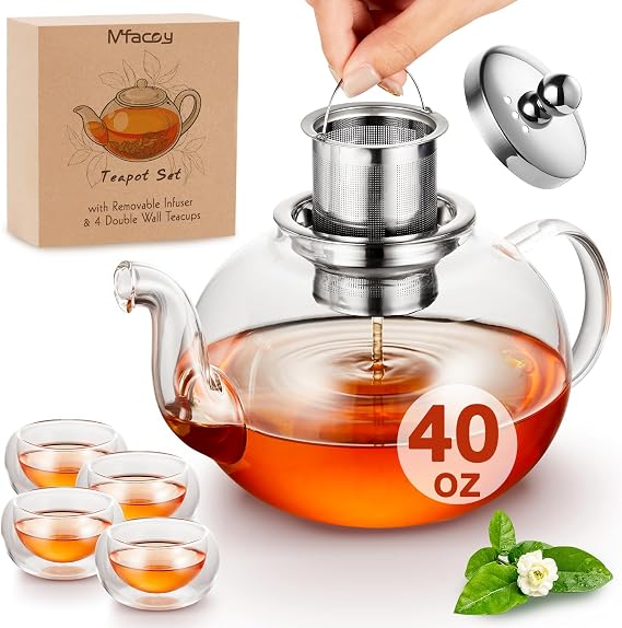 Large Glass Teapot Set, TeaPot (40 OZ/1200ml) with 4 Double Wall Teacups & Removable Stainless Steel Infuser, Stovetop Safe Tea Kettle, Blooming & Loose Leaf Tea Maker Set, Microwave Dishwasher Safe