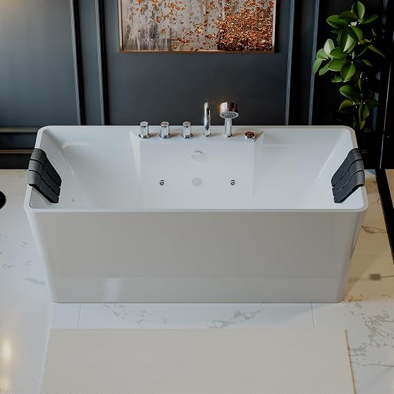 Empava 67" Freestanding Whirlpool Jetted Rectangle Bathtub, 8 Jets, White