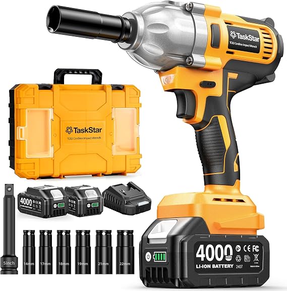 1/2" Cordless Impact Wrench, 1400Nm(1032ftlbs) Brushless High Torque Impact Gun, Electric Impact Driver, 2x4.0Ah Batteries, LED Light, Charger, 6 Sockets, 3 Variable Speeds for Car/ Pickup/Mower