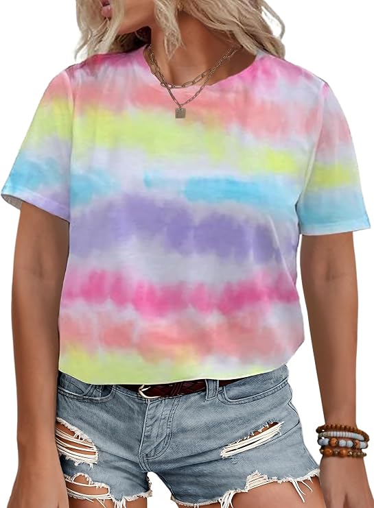 Remidoo Women's Tie Dye Short Sleeve Tee Crewneck Summer T Shirt Multicolor Multicolor XX-Large