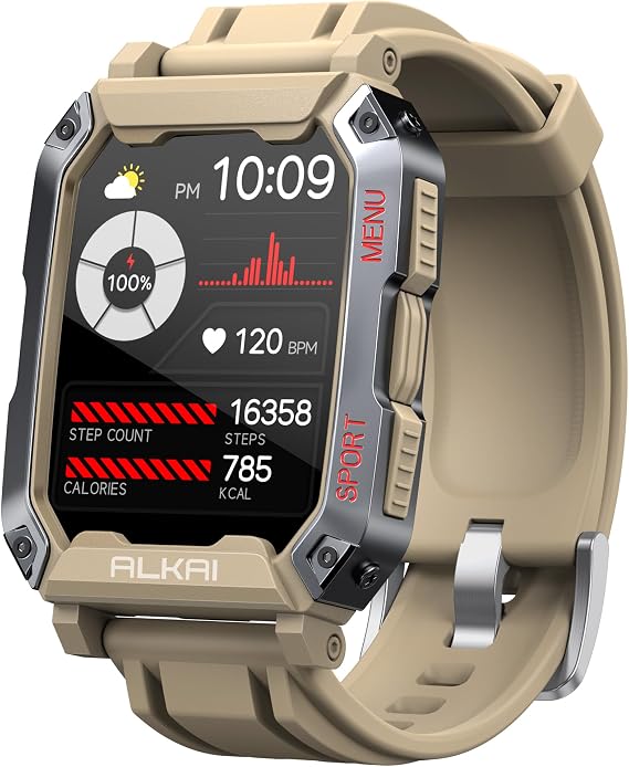 ALKAI Smart Watch Rugged and Military with 5ATM Waterproof Bluetooth Call(Answer/Dial Calls) AI Assistant, Long-Lasting Battery Life, Multiple Sports Tracking, Health Monitoring, 2.02'' HD Display