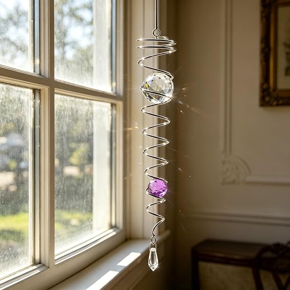 Gazing Ball Spiral Tail Wind Spinner StabilizeGr,Indoor Outdoor Decoration Stainless Steel Crystal Glass Ball with Hanging Swivel Hook 13" inch (Purple)