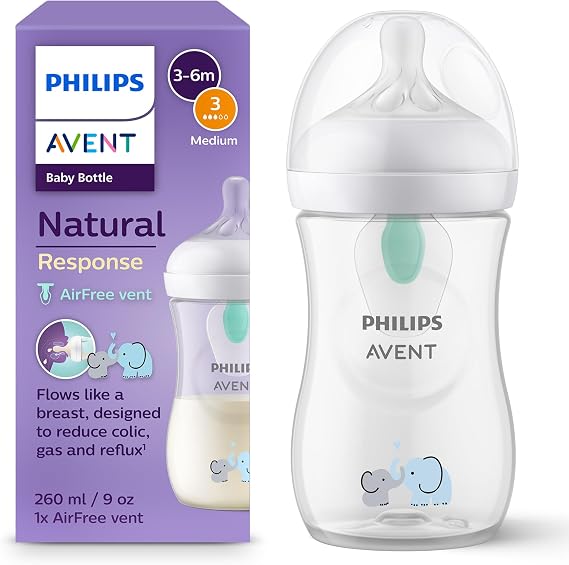 Philips Avent Biberón Natural Response: biberón de 260 ml con sistema AirFree, sin BPA, para recién nacidos a partir de 1 mes, estampado Elefante (modelo SCY673/81)