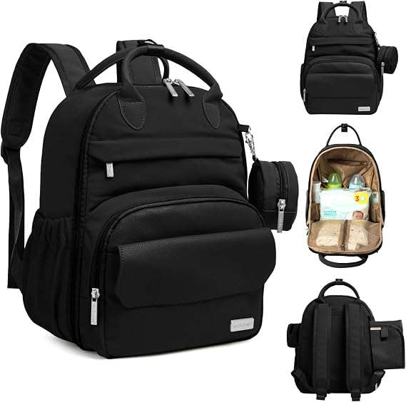 KeaBabies Diaper Bag Backpack, Travel Diaper Back Packs (Trendy Black, S)