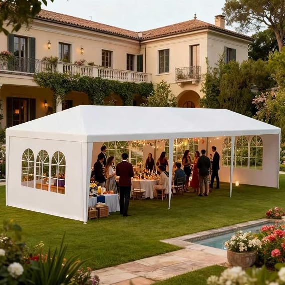 Outdoor 10' x 20' White Party Canopy Tent with 4 Removable Sidewalls, Party Shade Shelter Feet Tent with Transparent Windows for Wedding,